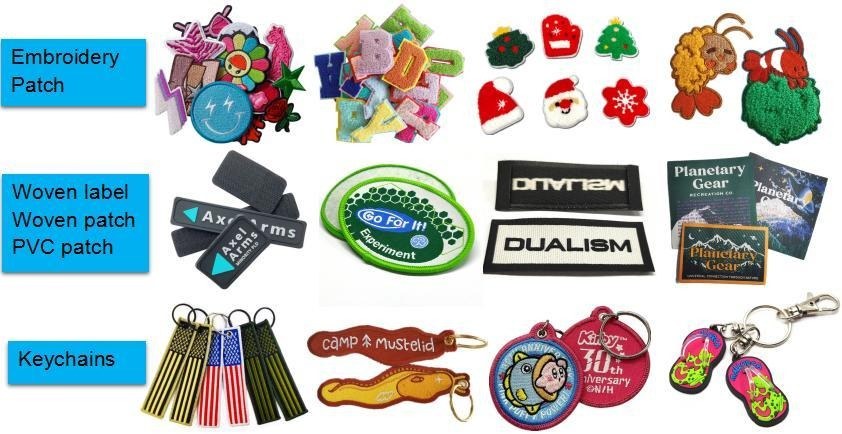 Custom patches, woven labels, PVC patches, hang tags and promotional keychains from Hekang catalog
